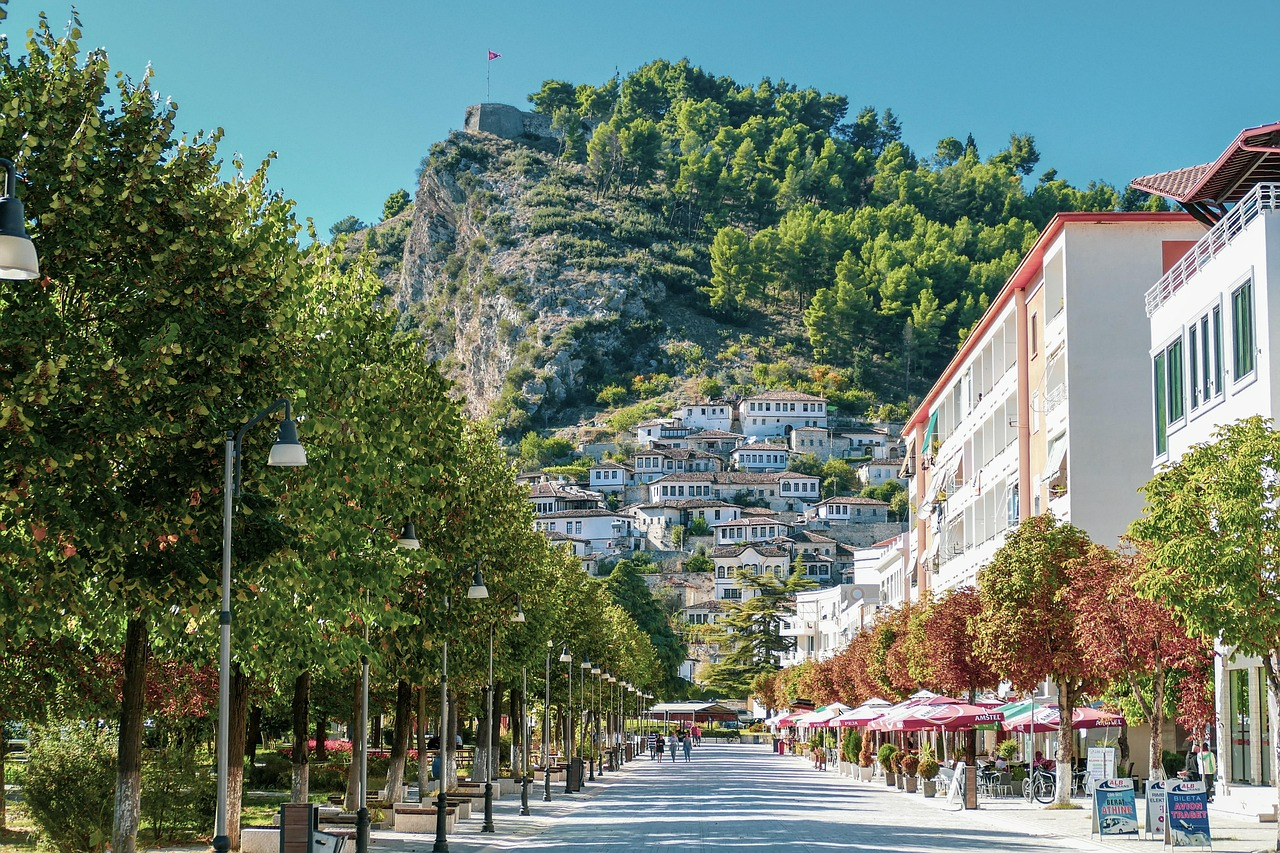 Berat’s white Ottoman-era houses climb the hillside beneath Berat Castle, viewed from a tree-lined pedestrian boulevard
