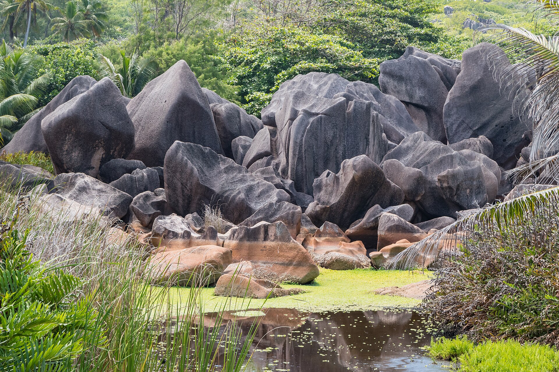 Travelers beside granite boulders and clear water on La Digue, Seychelles