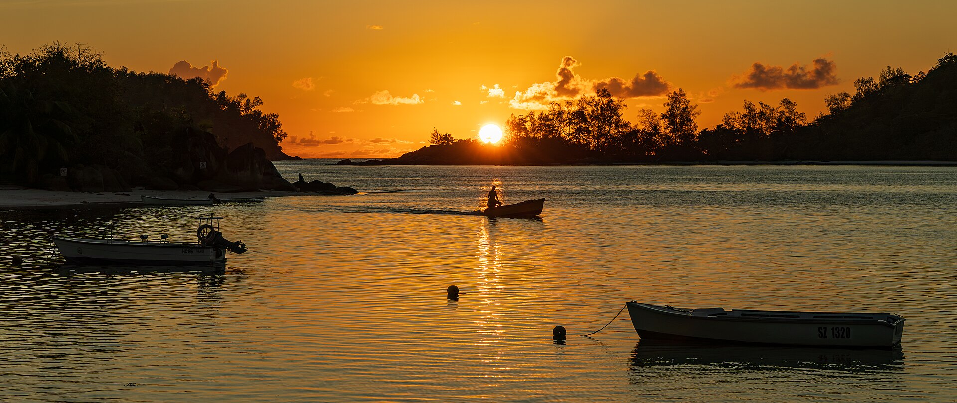 Sunset over Port Launay and Port Glaud on Mahé, Seychelles
