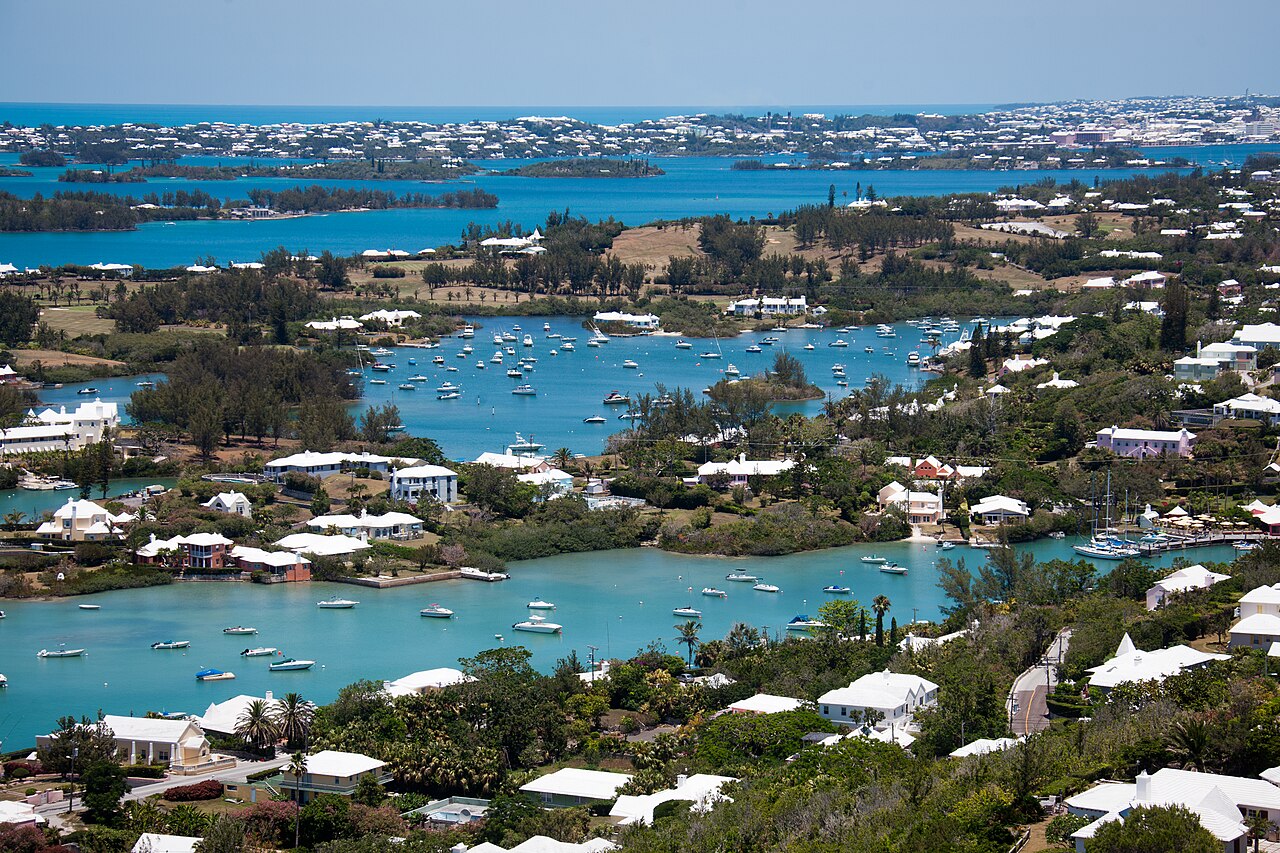 Bermuda's turquoise sounds, harbors, boats, and white-roofed homes seen from Gibbs Hill Lighthouse