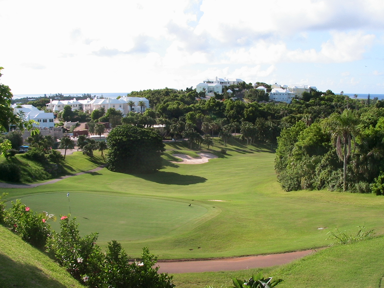 Golf fairway and white-roofed homes in Tucker's Town near Castle Harbour, Bermuda