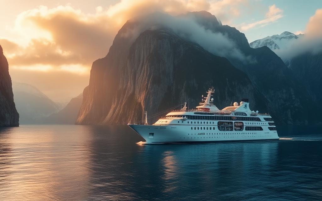 Expedition ship in a remote mountain seascape representing polar expedition travel