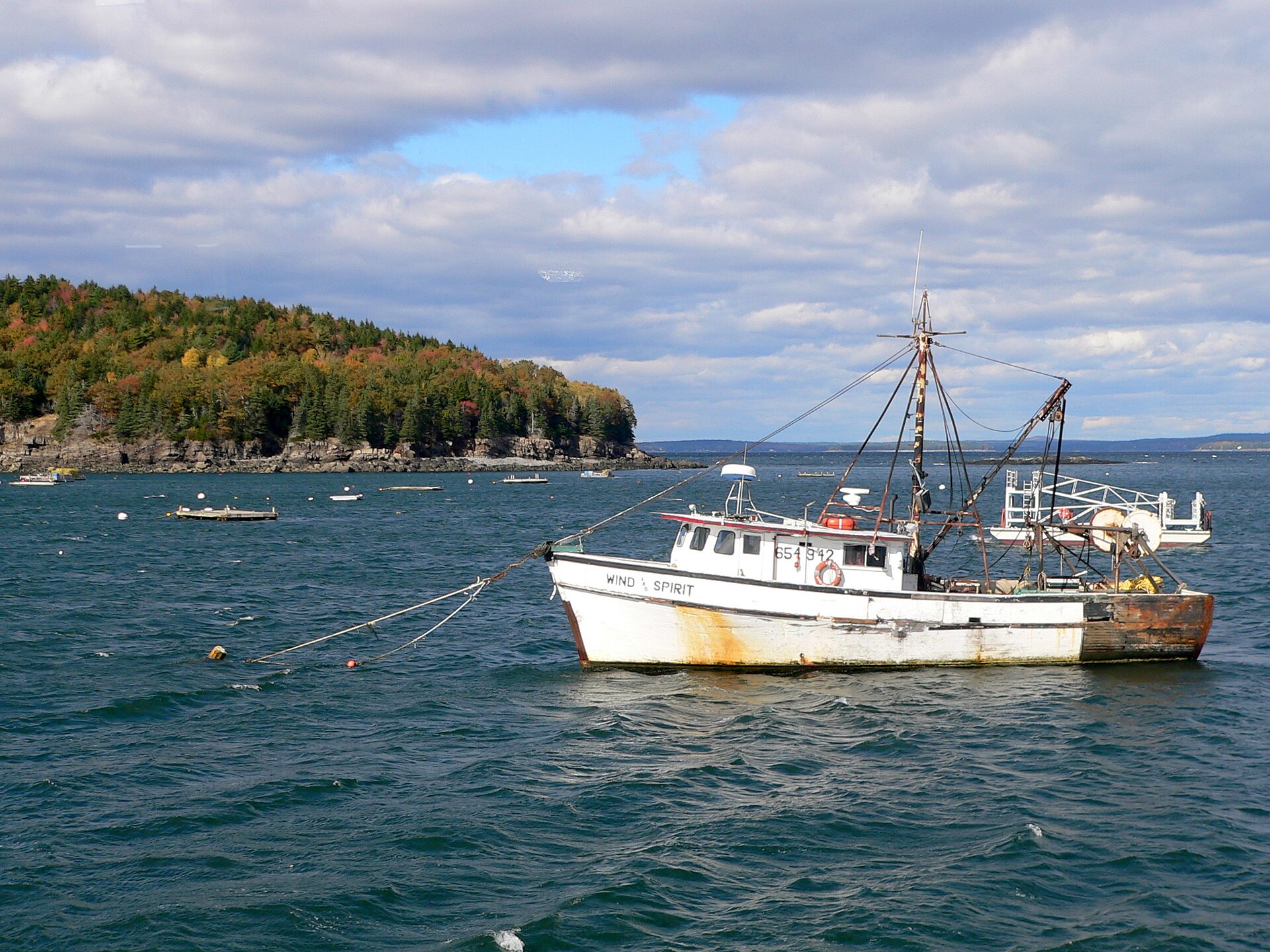 Working lobster boat on blue water near Bar Harbor, Maine