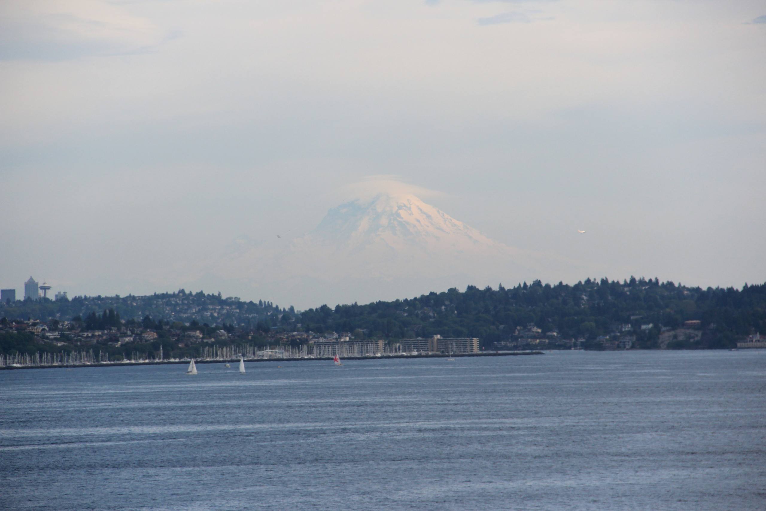 Mount Rainier rising beyond Puget Sound, visually joining the region's coast and mountains