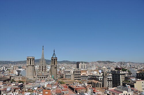 How deeply to explore for Barcelona: Barcelona. Cathedral church of the Holy Cross and Saint Eulalia outstanding in the middle of the Gothic Quarter. Seen from the belltower of the Sants Just i Pastor basilica.