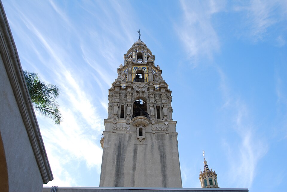 The ornate California Tower rising into a blue sky at Balboa Park in San Diego