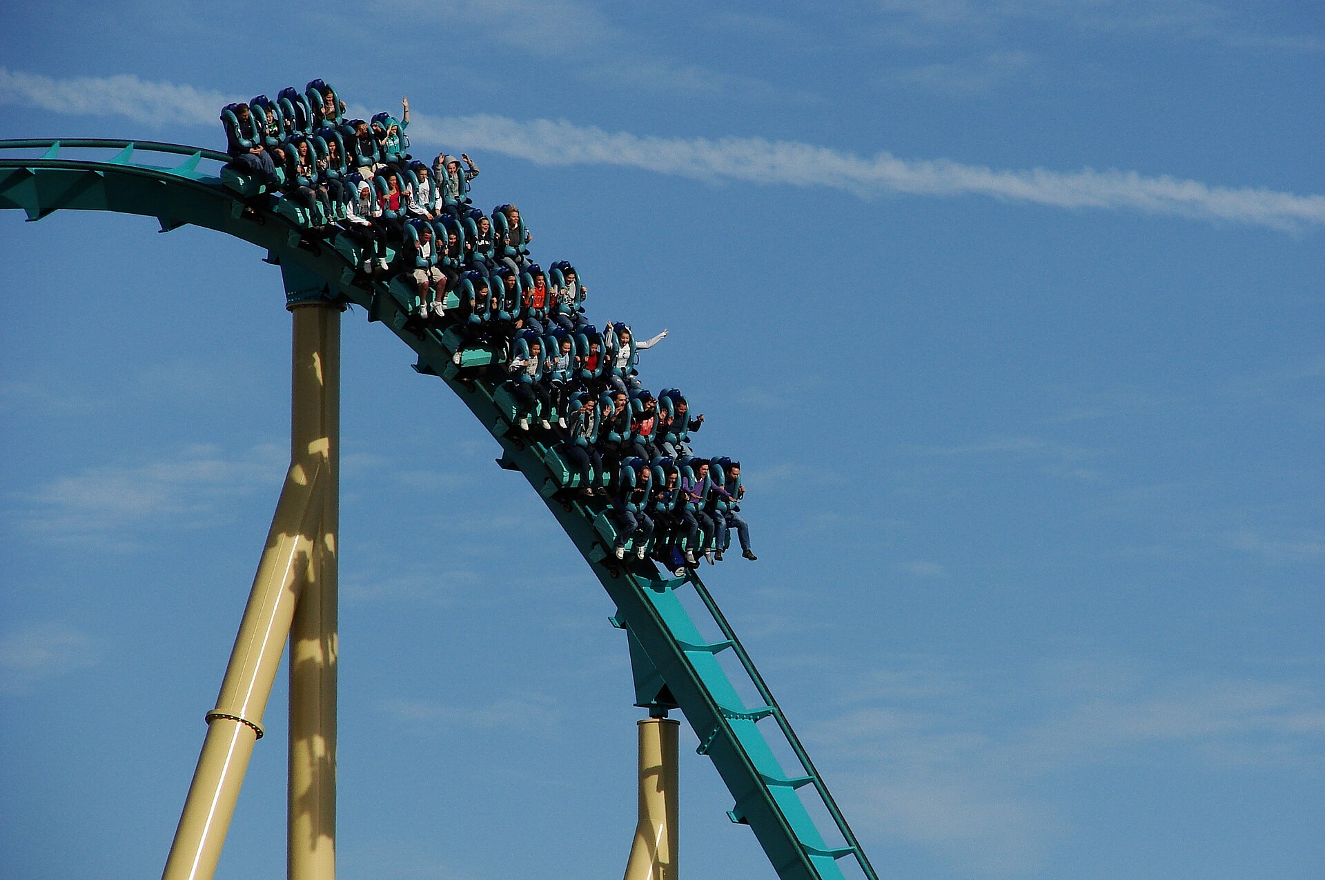 Riders descending the Kraken roller coaster at SeaWorld Orlando