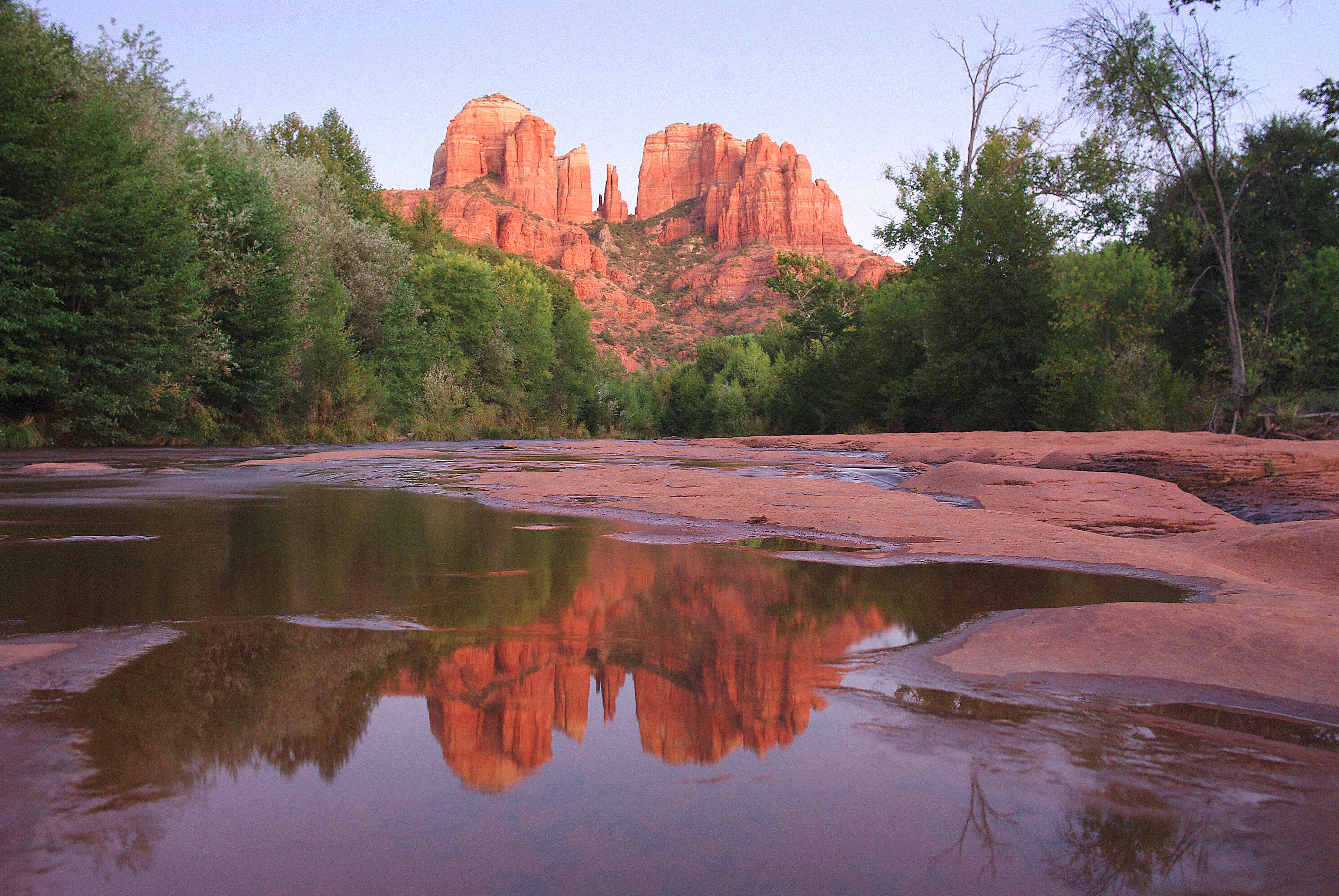 Cathedral Rock reflected in the still water of Red Rock Crossing near Sedona