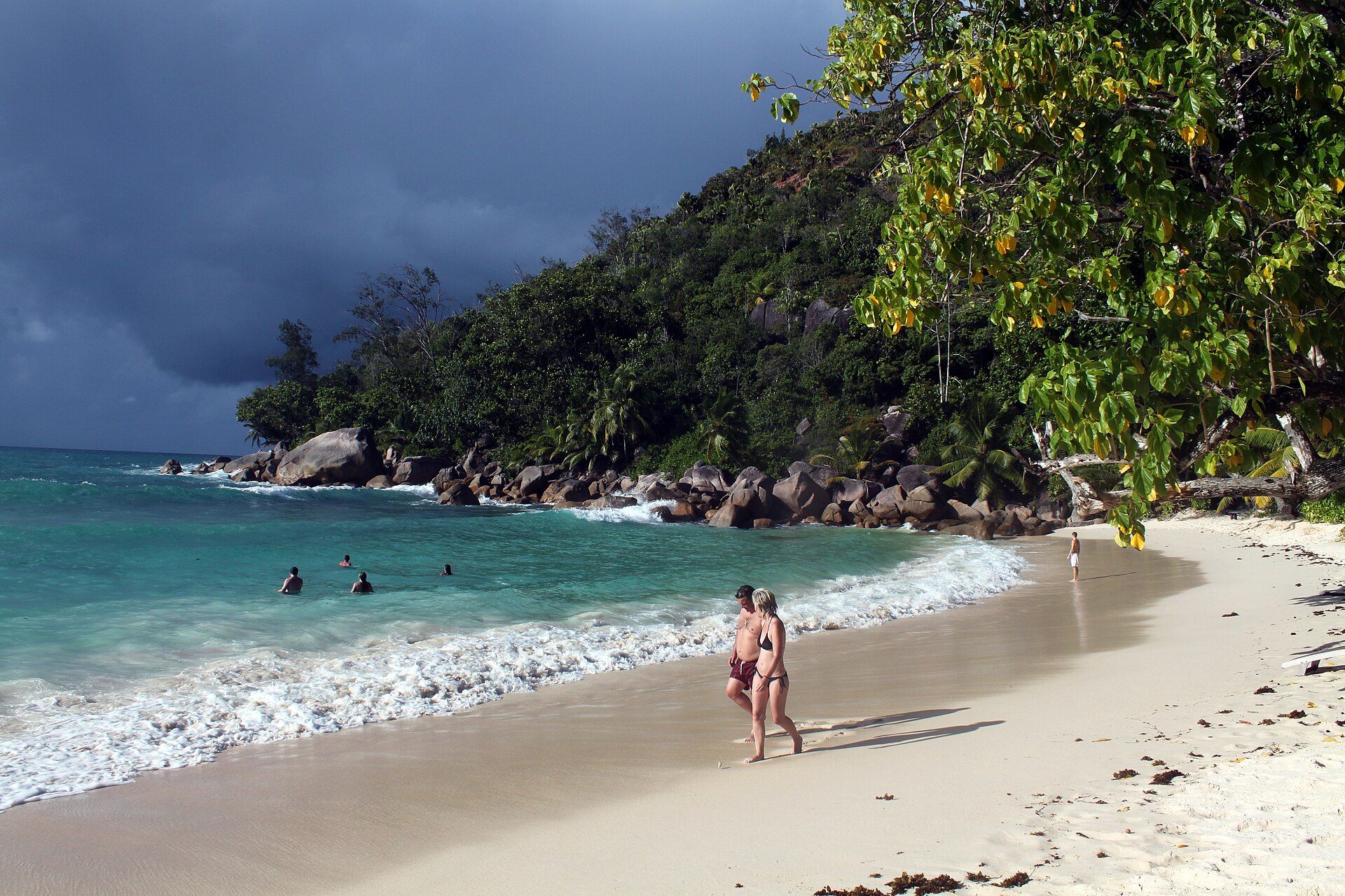 Petite Anse Kerlan and turquoise coastal water on Praslin, Seychelles