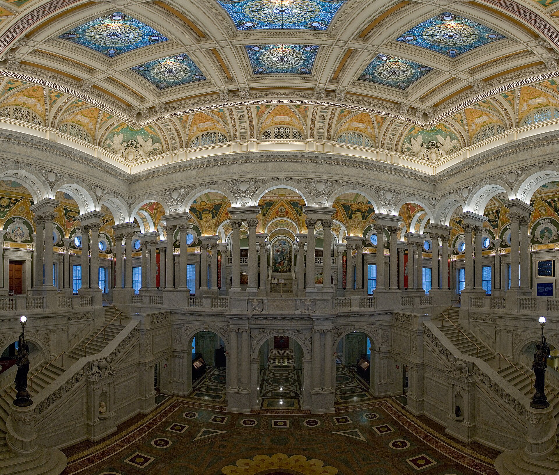 Ornate arches, mosaics, and marble staircases inside the Library of Congress Great Hall