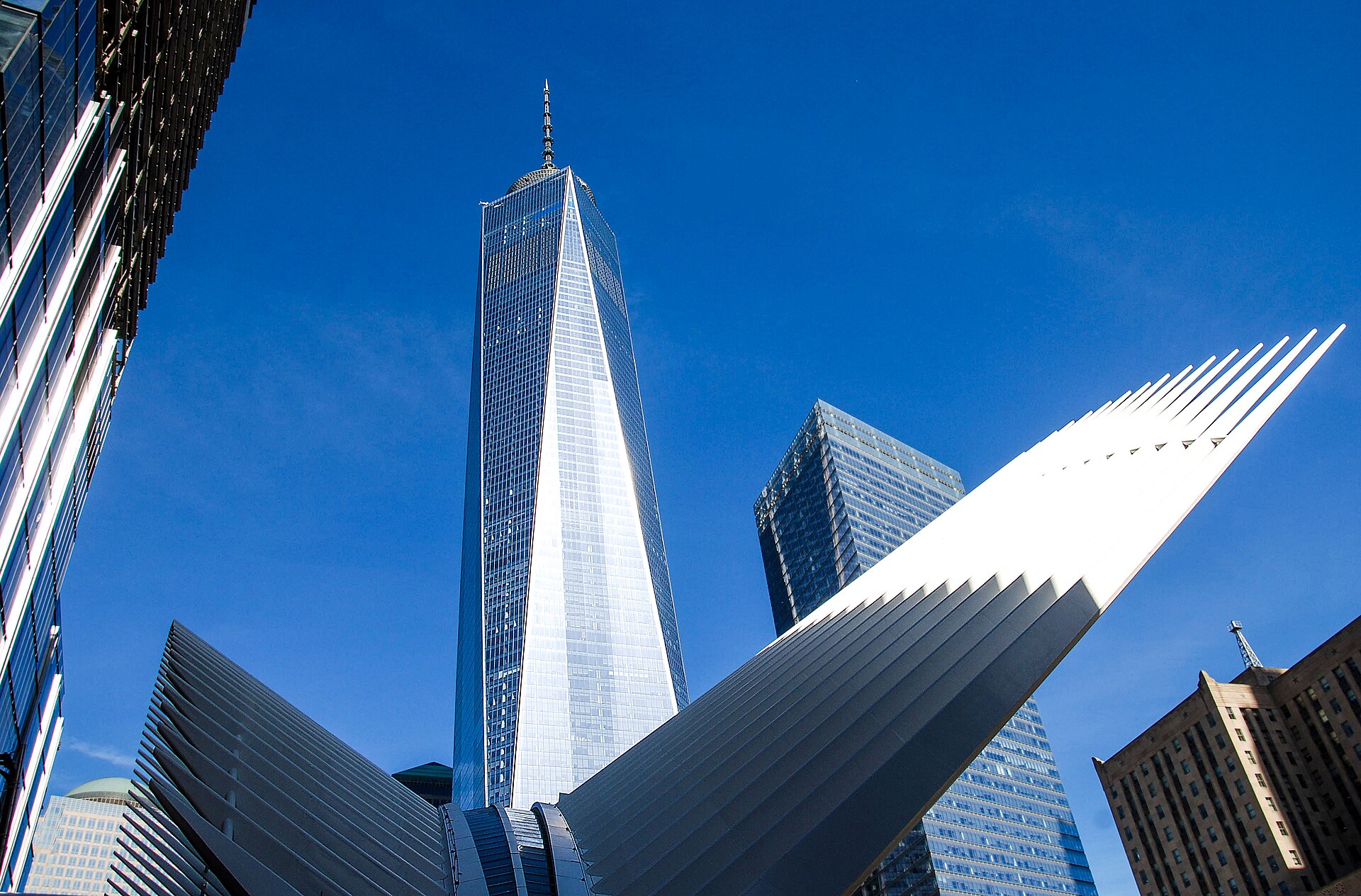 The Oculus and One World Trade Center rising together in Lower Manhattan