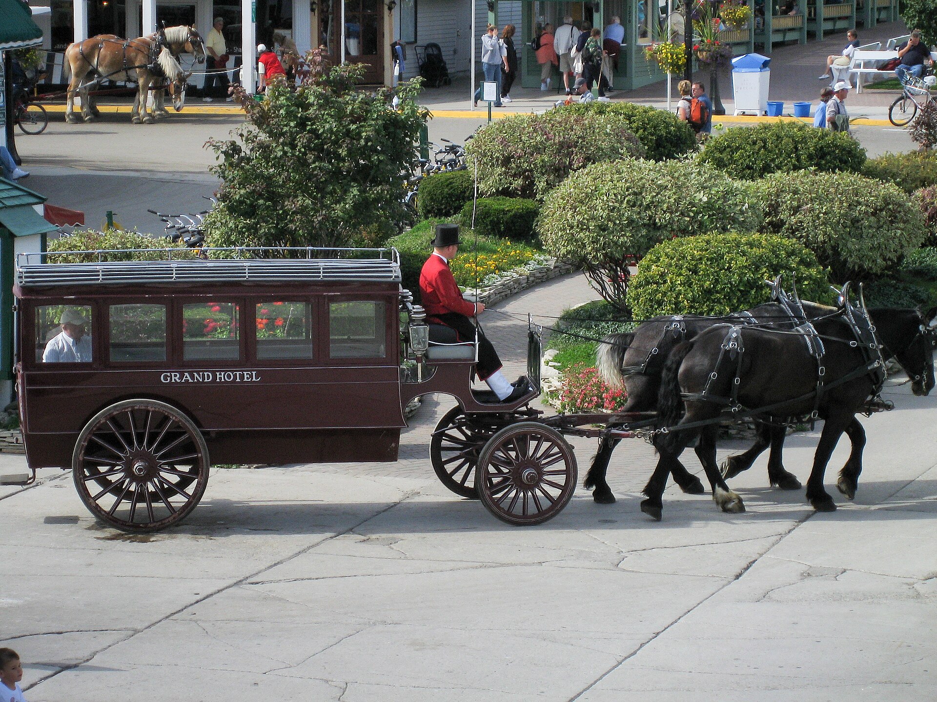 A Grand Hotel horse-drawn carriage passes Mackinac Island gardens on a car-free street