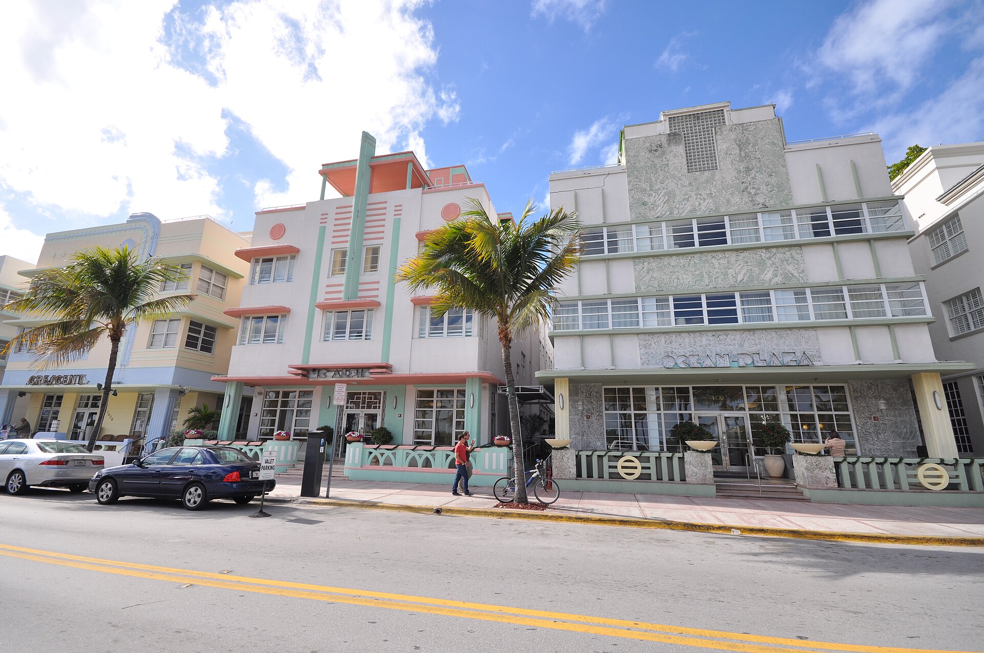 Pastel Art Deco hotels and palms on Ocean Drive in Miami Beach