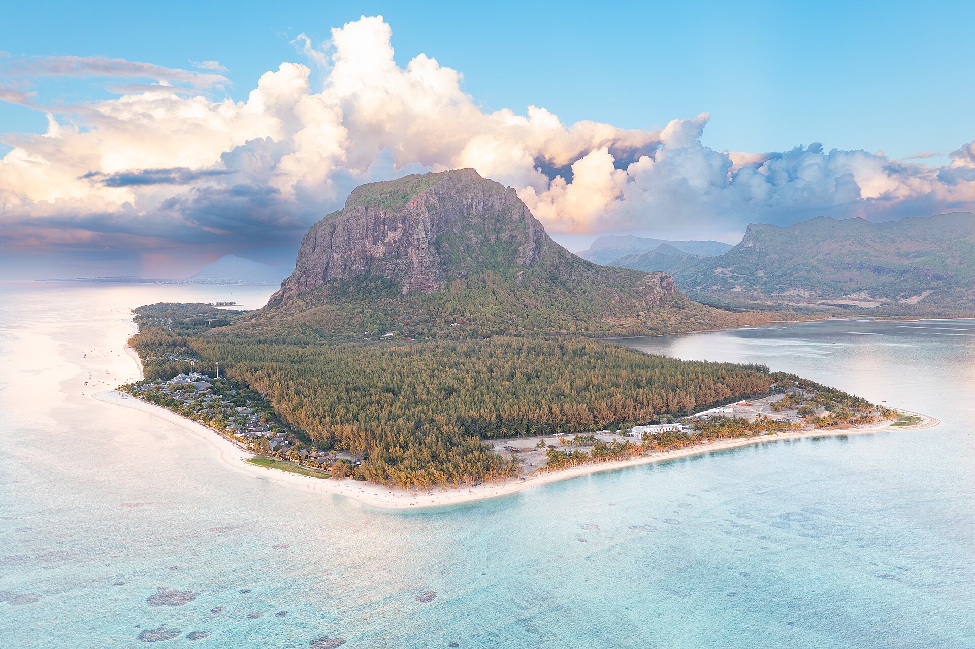 Le Morne's resort coast, mountain, reef, and lagoon in southwest Mauritius