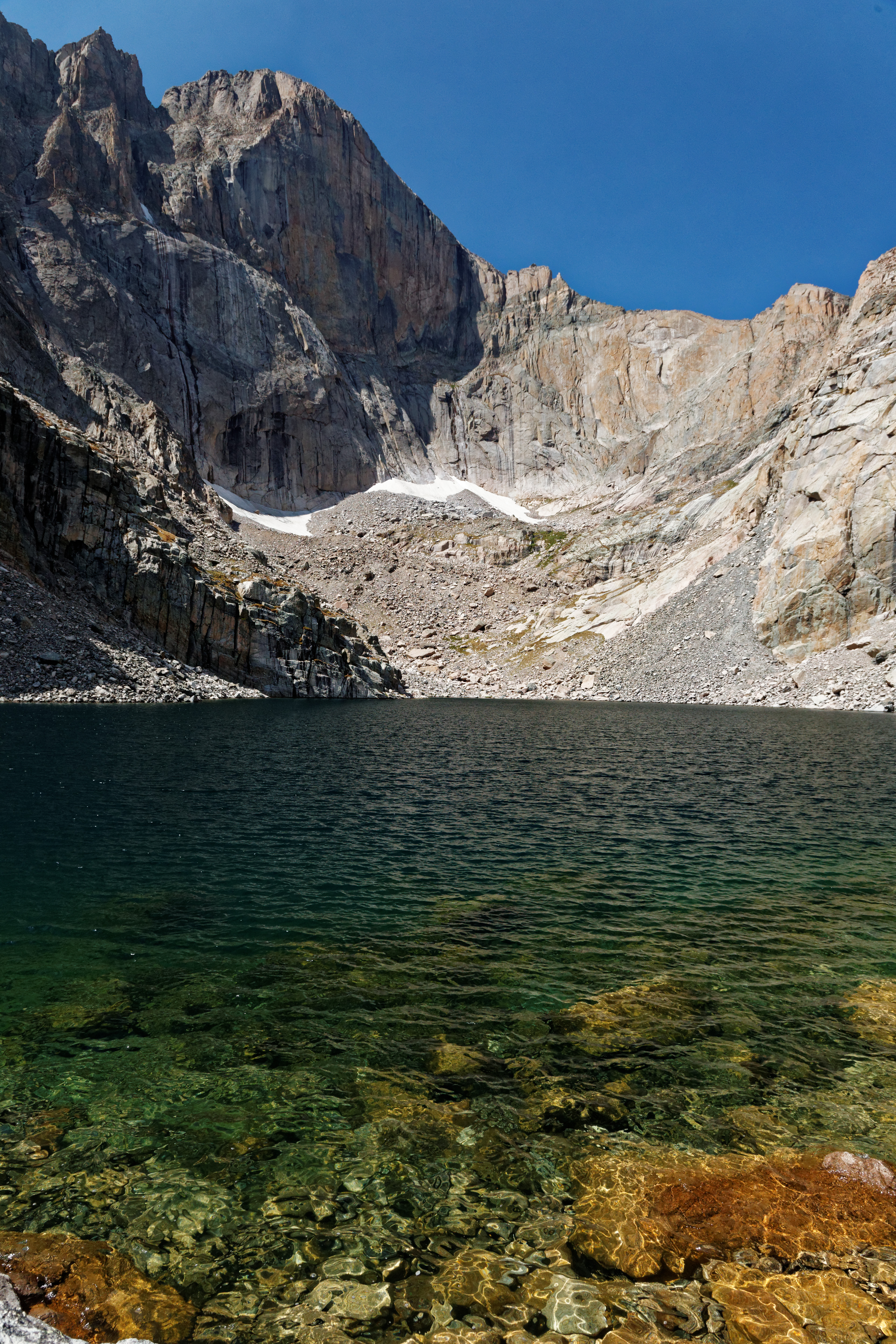Chasm Lake beneath the sheer face of Longs Peak in Rocky Mountain National Park