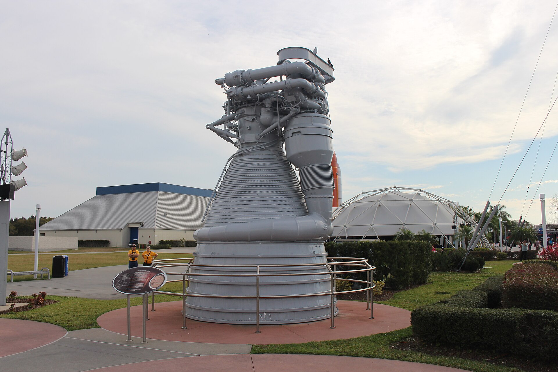 A Saturn-era rocket engine displayed at Kennedy Space Center's Rocket Garden
