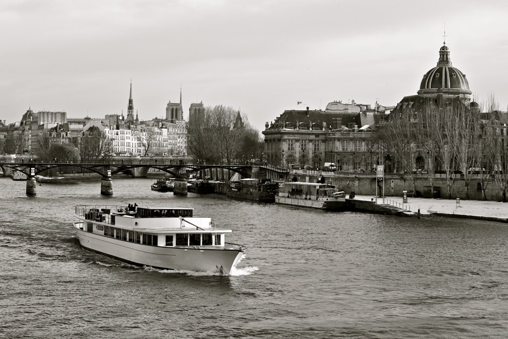 River boat traveling along the Seine through Paris