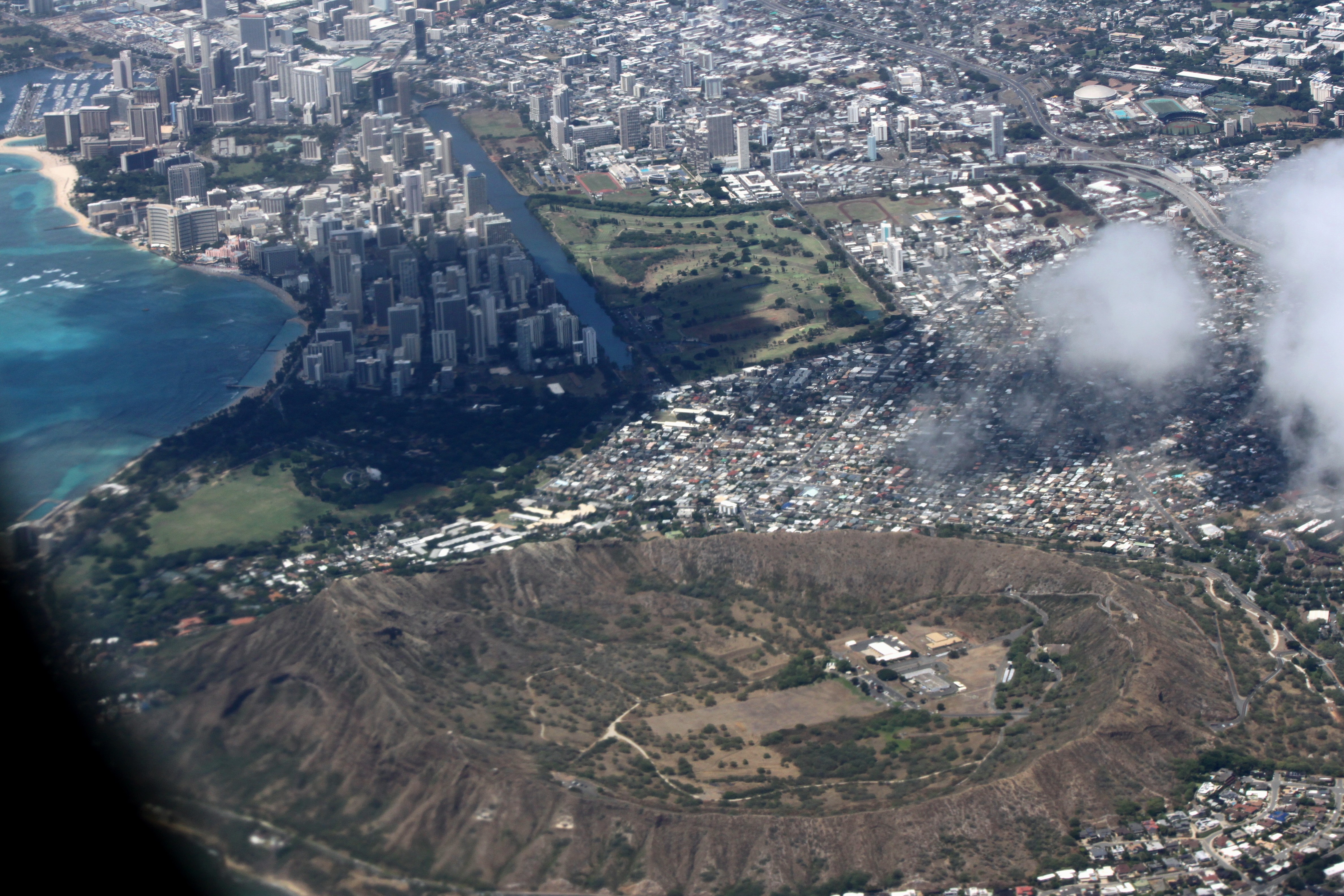 Diamond Head crater, Waikiki Beach, Honolulu, and the Pacific seen together from the air