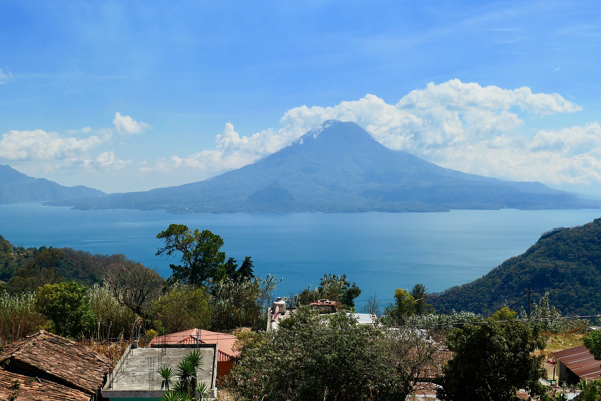 Lake Atitlán beneath its volcanic skyline in the Guatemalan highlands