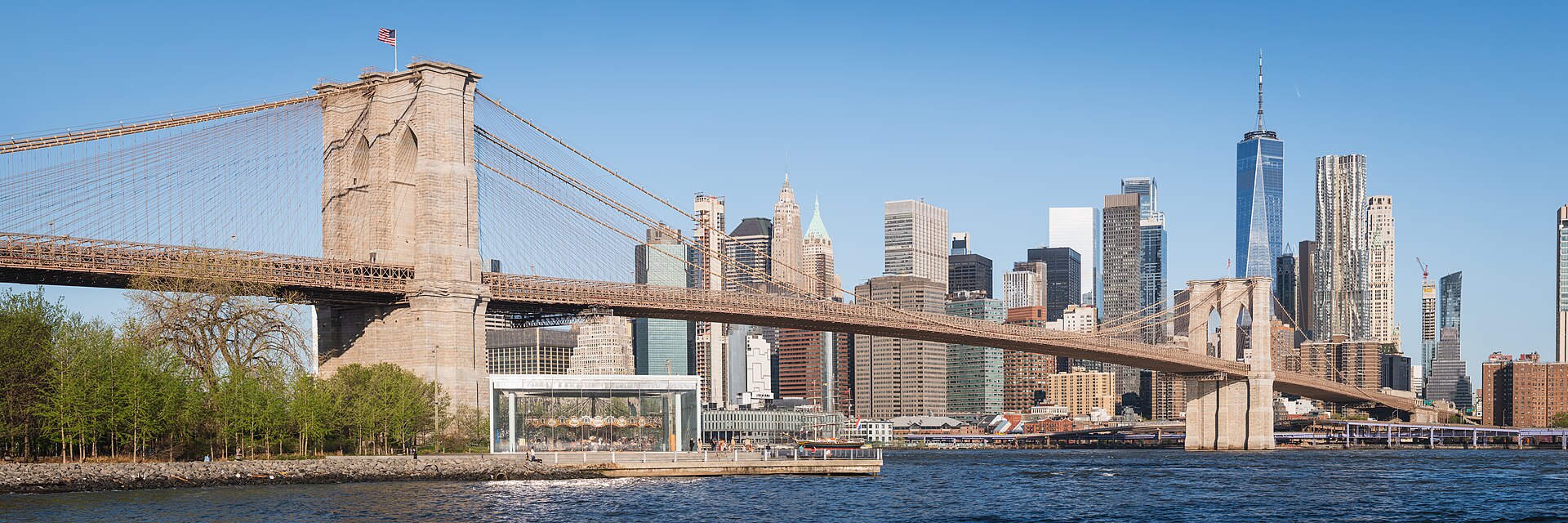Brooklyn Bridge spanning the East River before the Lower Manhattan skyline