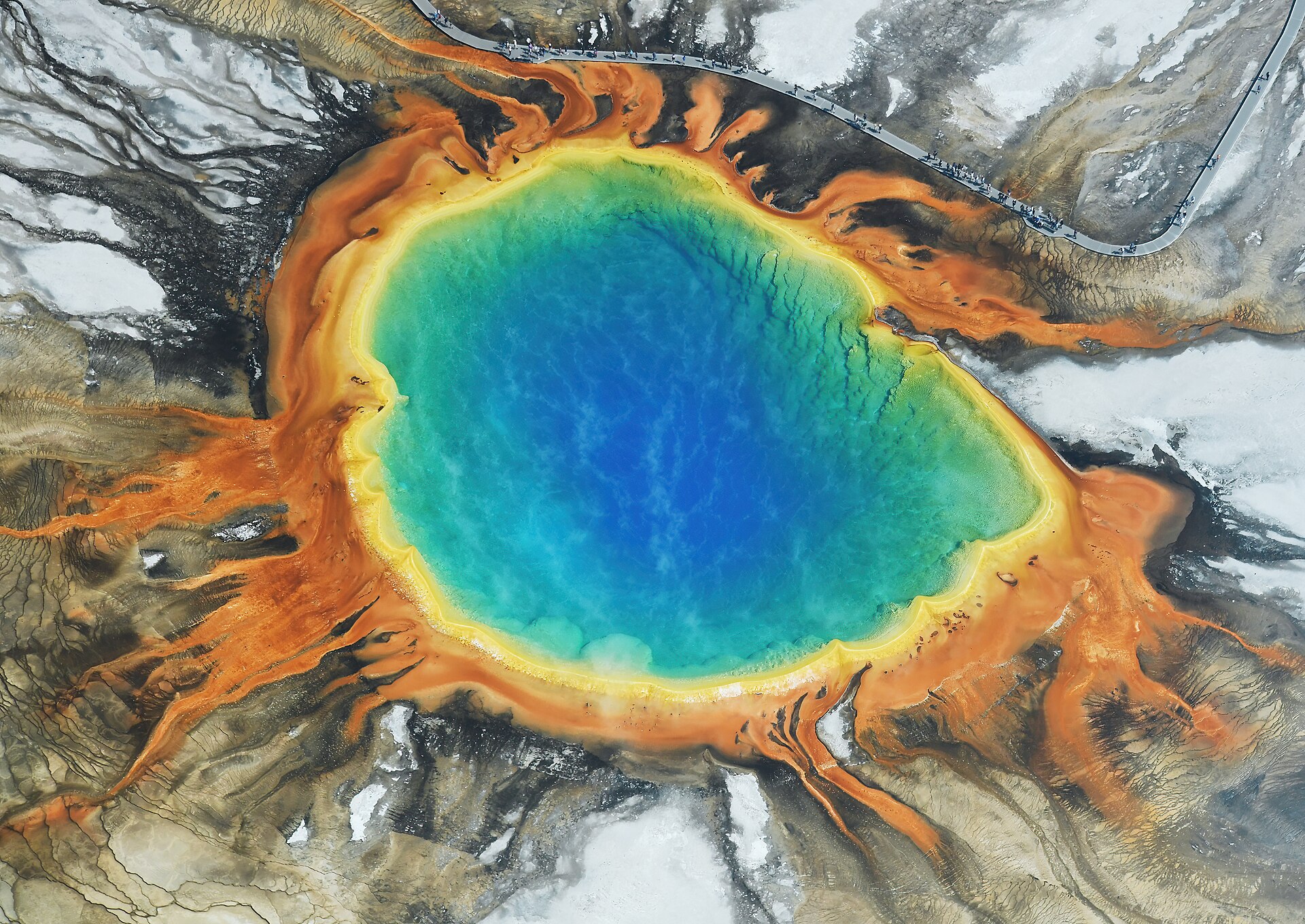 Aerial view of Grand Prismatic Spring and its visitor boardwalk in Yellowstone