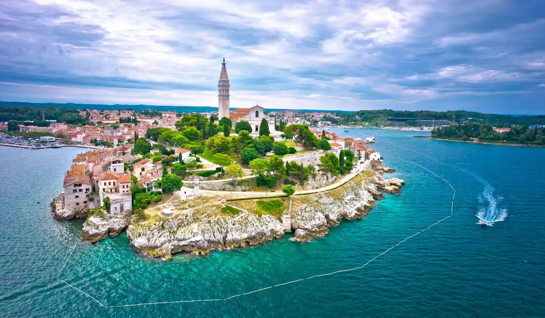 Aerial view of Rovinj old town and the Adriatic coast in Istria, Croatia
