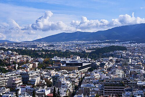 Neighborhood and culture for Athens: The Acropolis Museum from Philopappos Hill on November 26, 2019