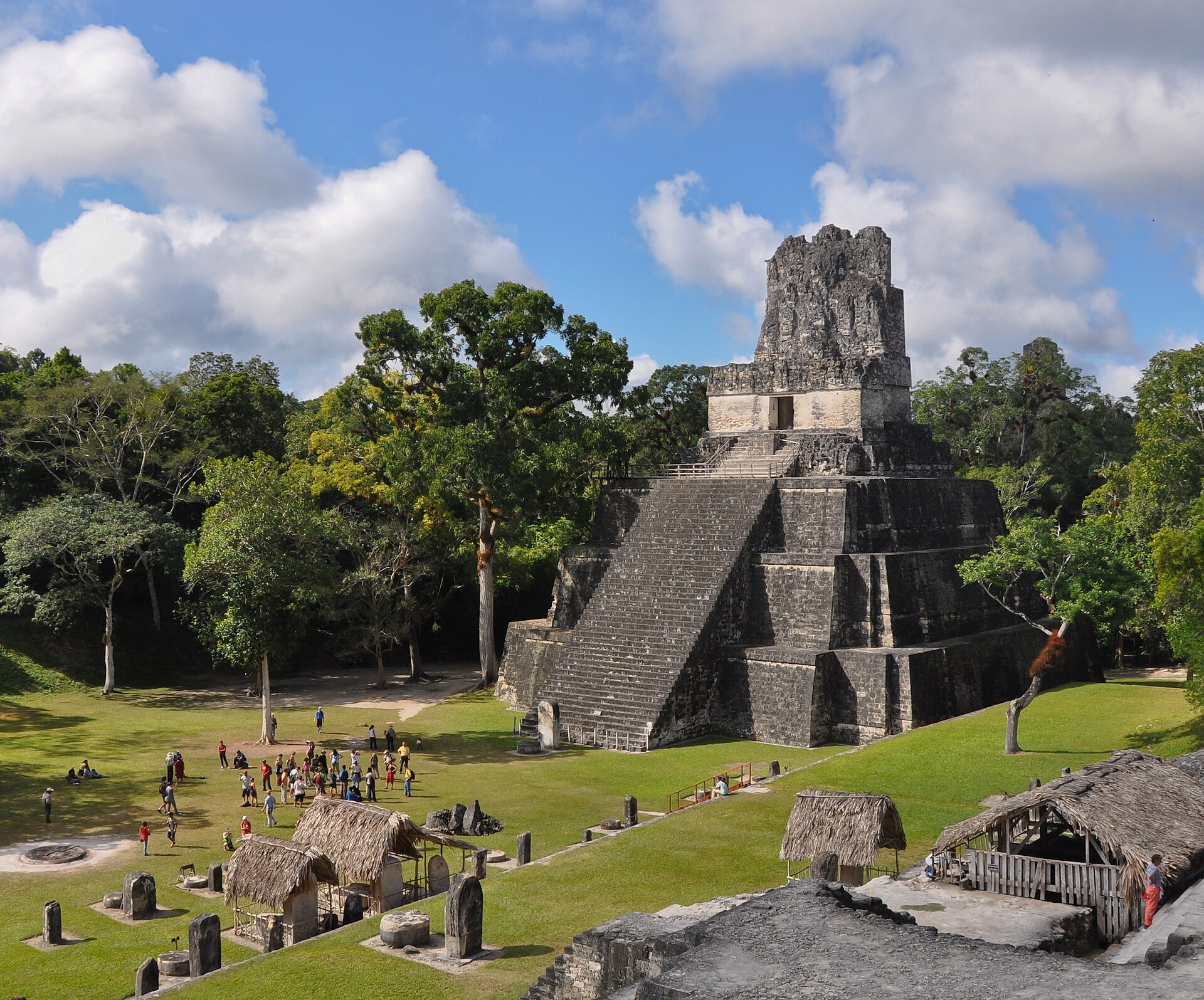 Temple II, the Great Plaza, and rainforest at Tikal, Guatemala