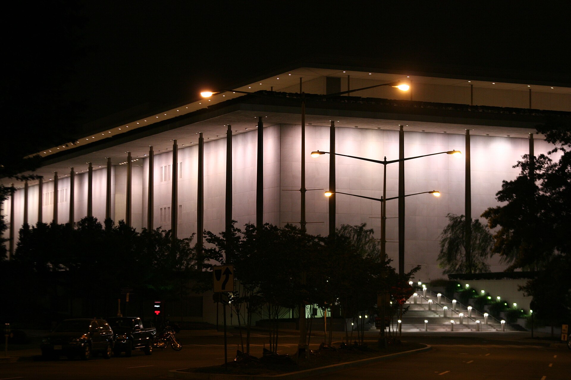 Kennedy Center illuminated above its terraces at night