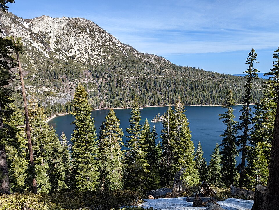 Emerald Bay and Fannette Island surrounded by Sierra forest at Lake Tahoe