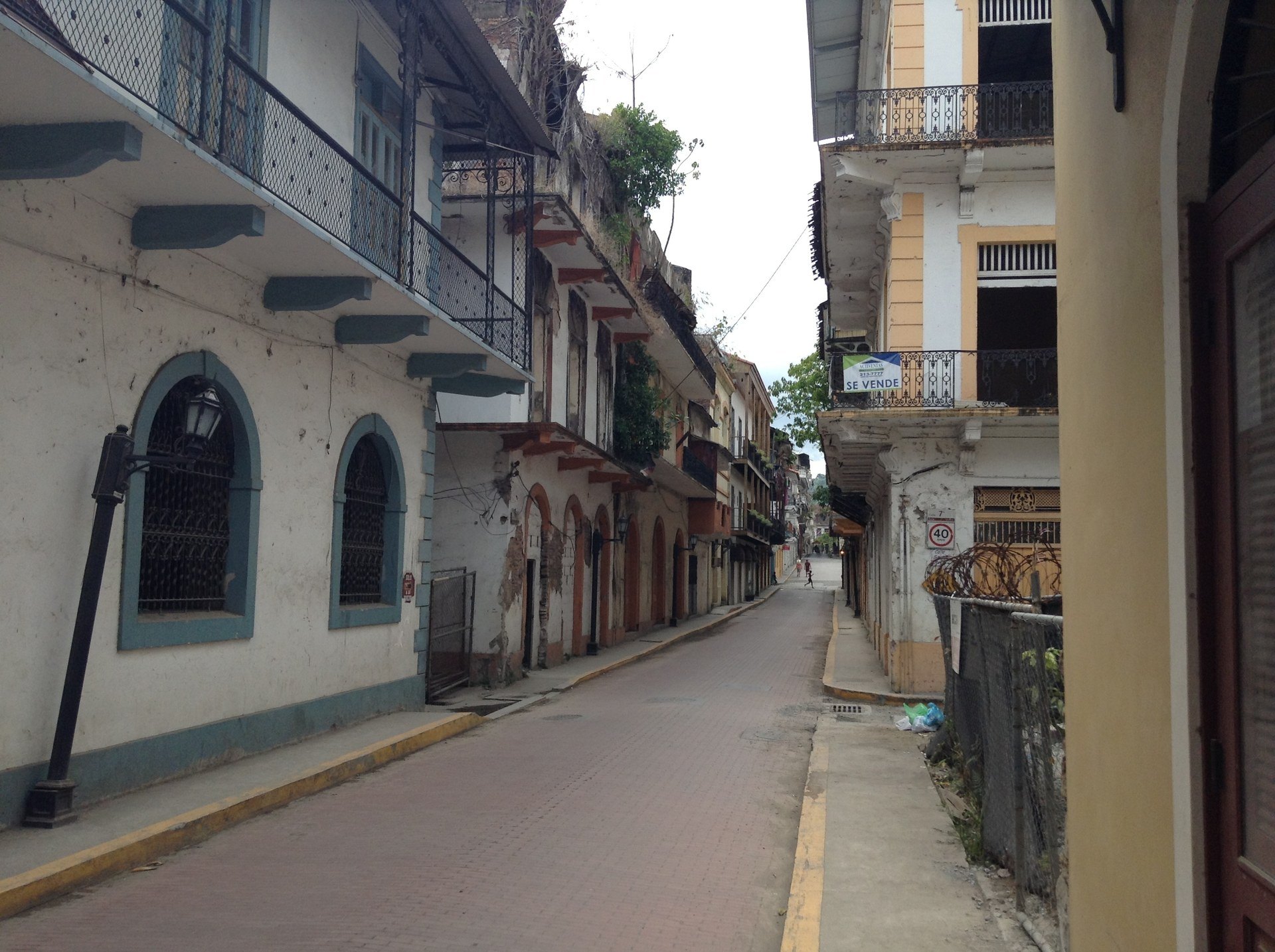 Historic balconies and façades on a street in Casco Viejo, Panama City