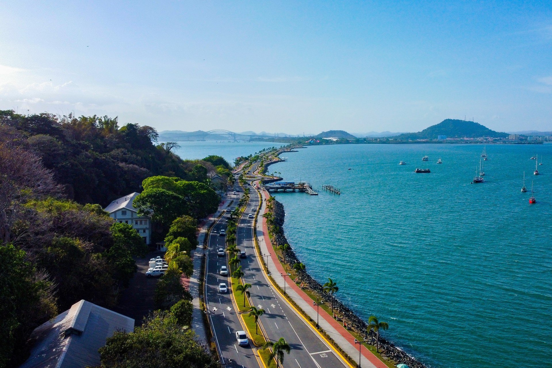 Amador Causeway curving along Panama Bay toward Panama City
