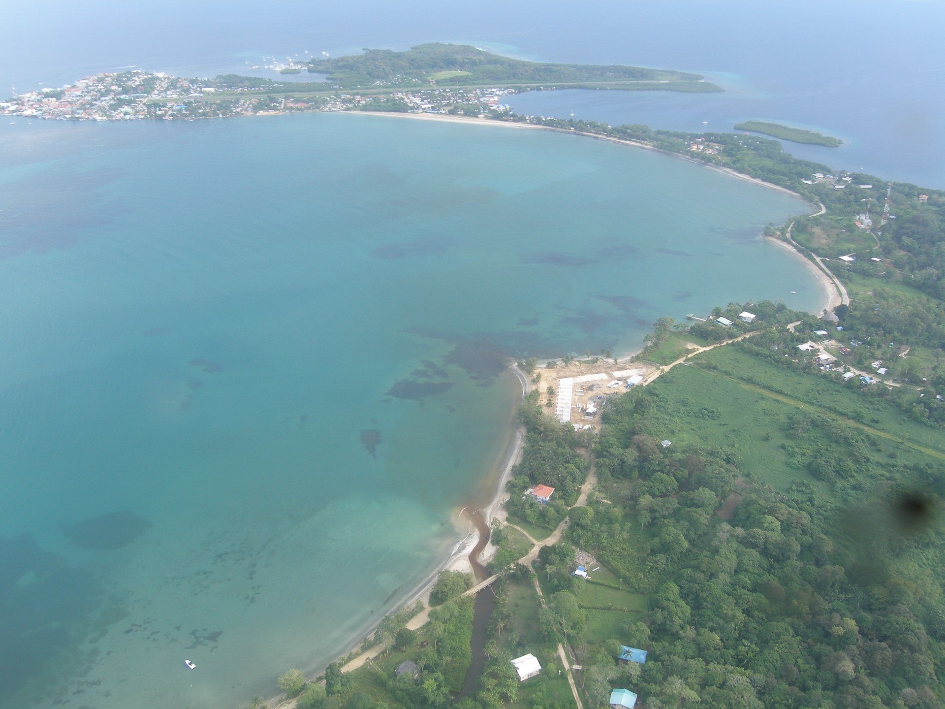 Aerial view of Isla Colón and coastal waters in Bocas del Toro, Panama