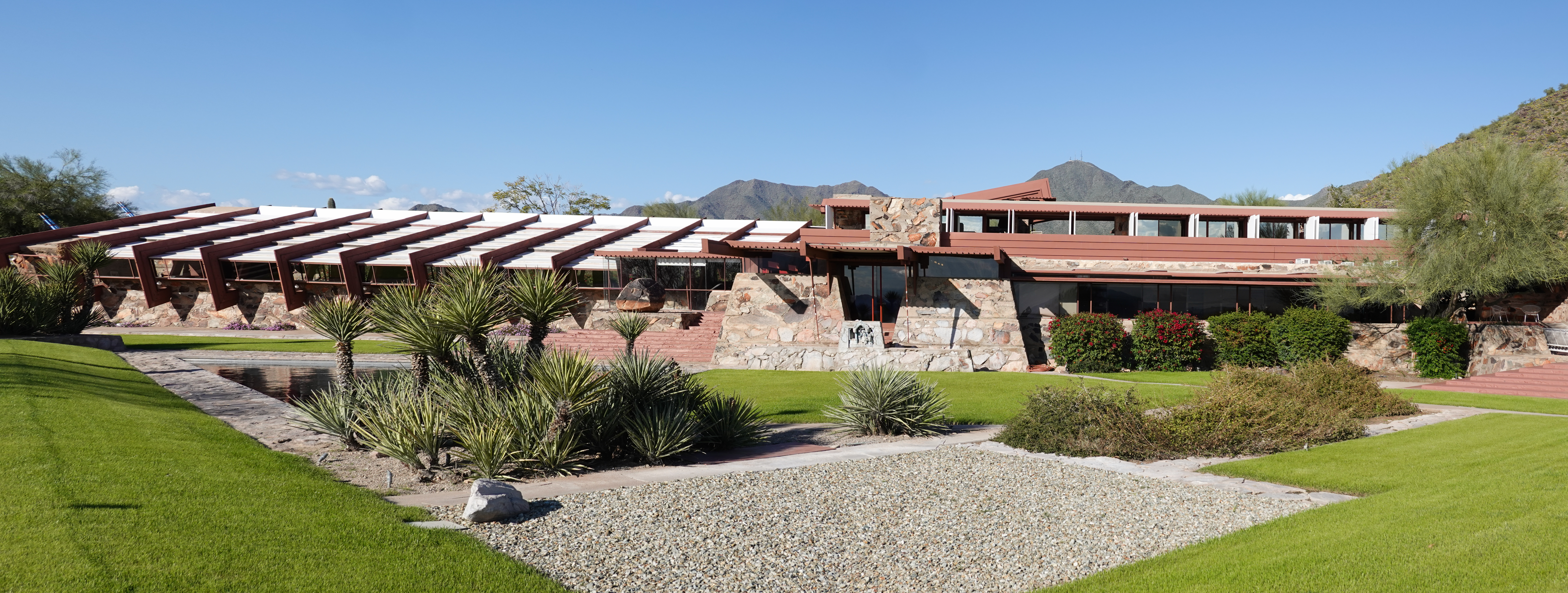 Frank Lloyd Wright's Taliesin West architecture integrated with the Sonoran Desert and mountains