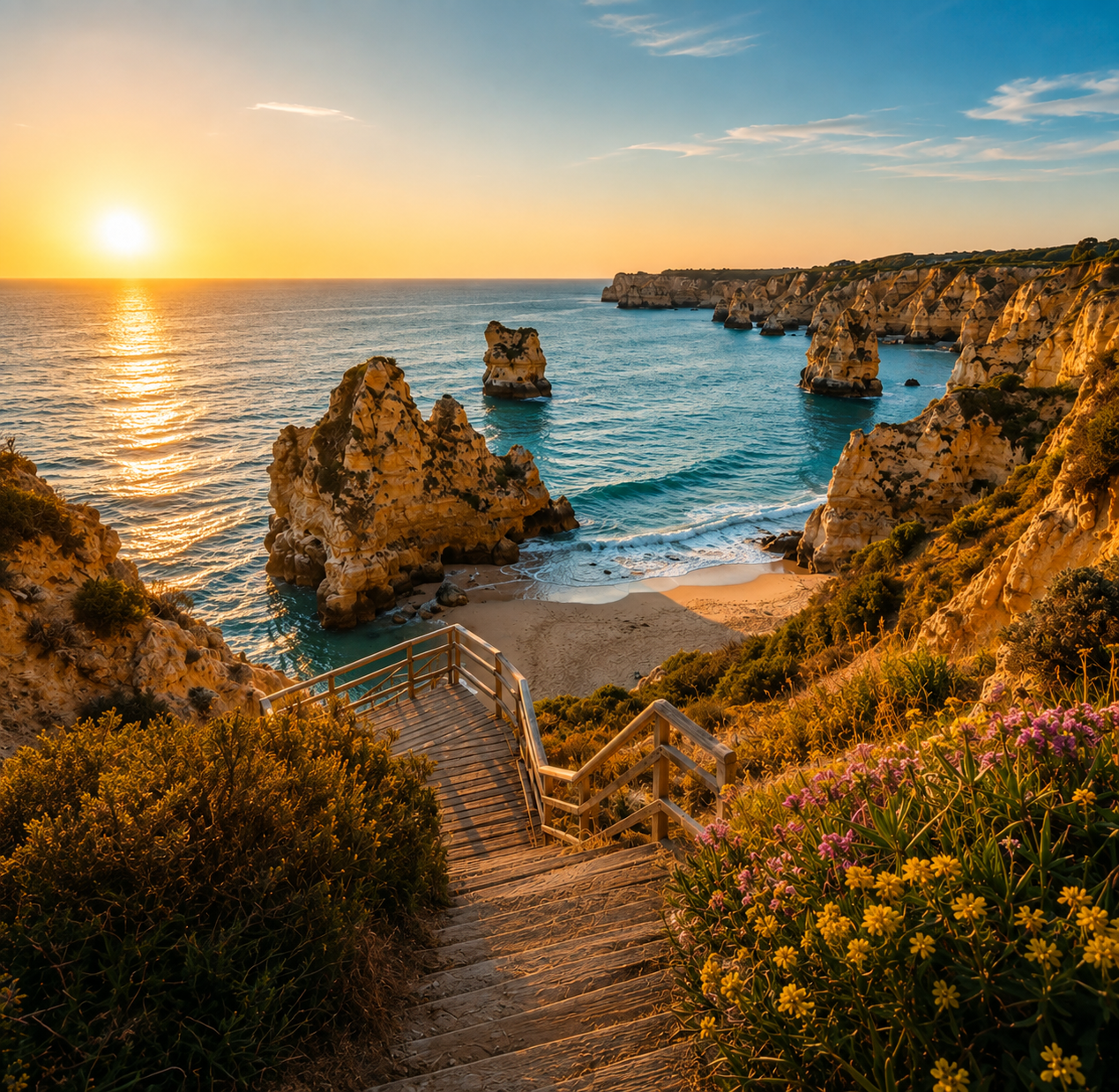 Sunset over golden Algarve cliffs, sea stacks, and an Atlantic beach in Portugal