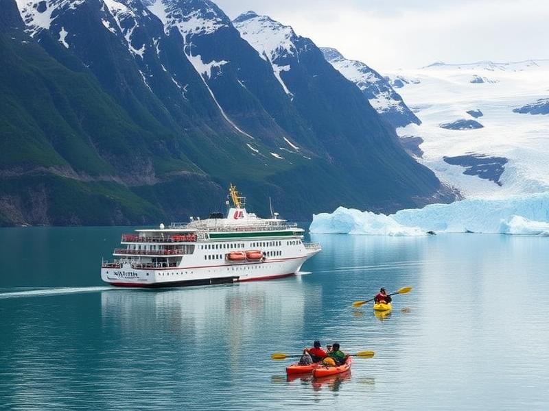 Kayakers exploring blue ice in Alaska coastal wilderness