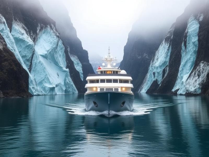 Small expedition ship traveling through Alaska coastal wilderness