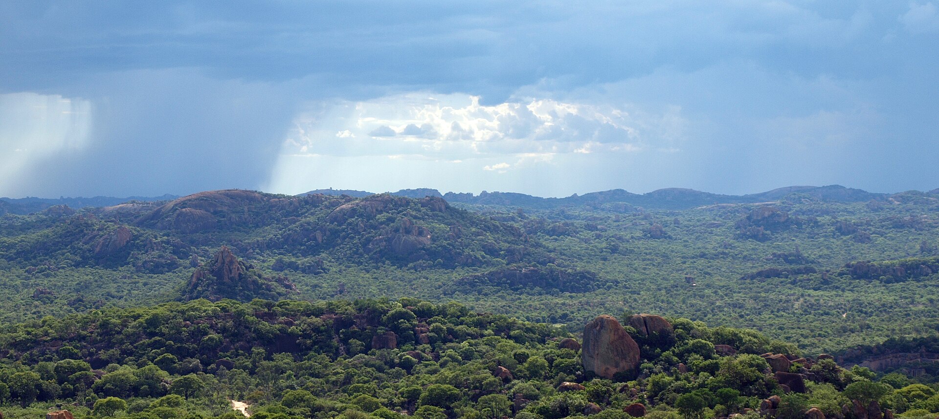 Wide view across the granite kopjes and wooded valleys of Matobo National Park, Zimbabwe