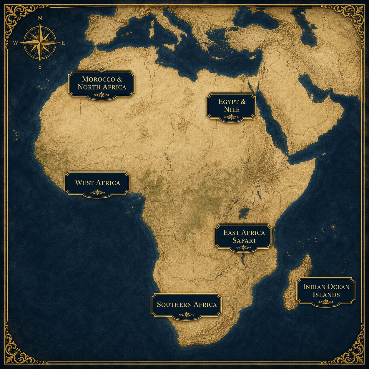 Africa map showing Morocco and North Africa, Egypt and Nile, West Africa, East Africa Safari, Southern Africa, and Indian Ocean Islands