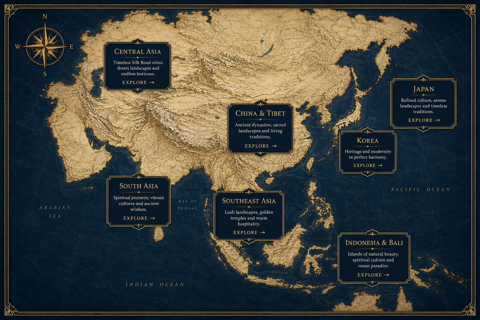 Asia map showing Central Asia, China and Tibet, Japan, Korea, South Asia, Southeast Asia, and Indonesia and Bali