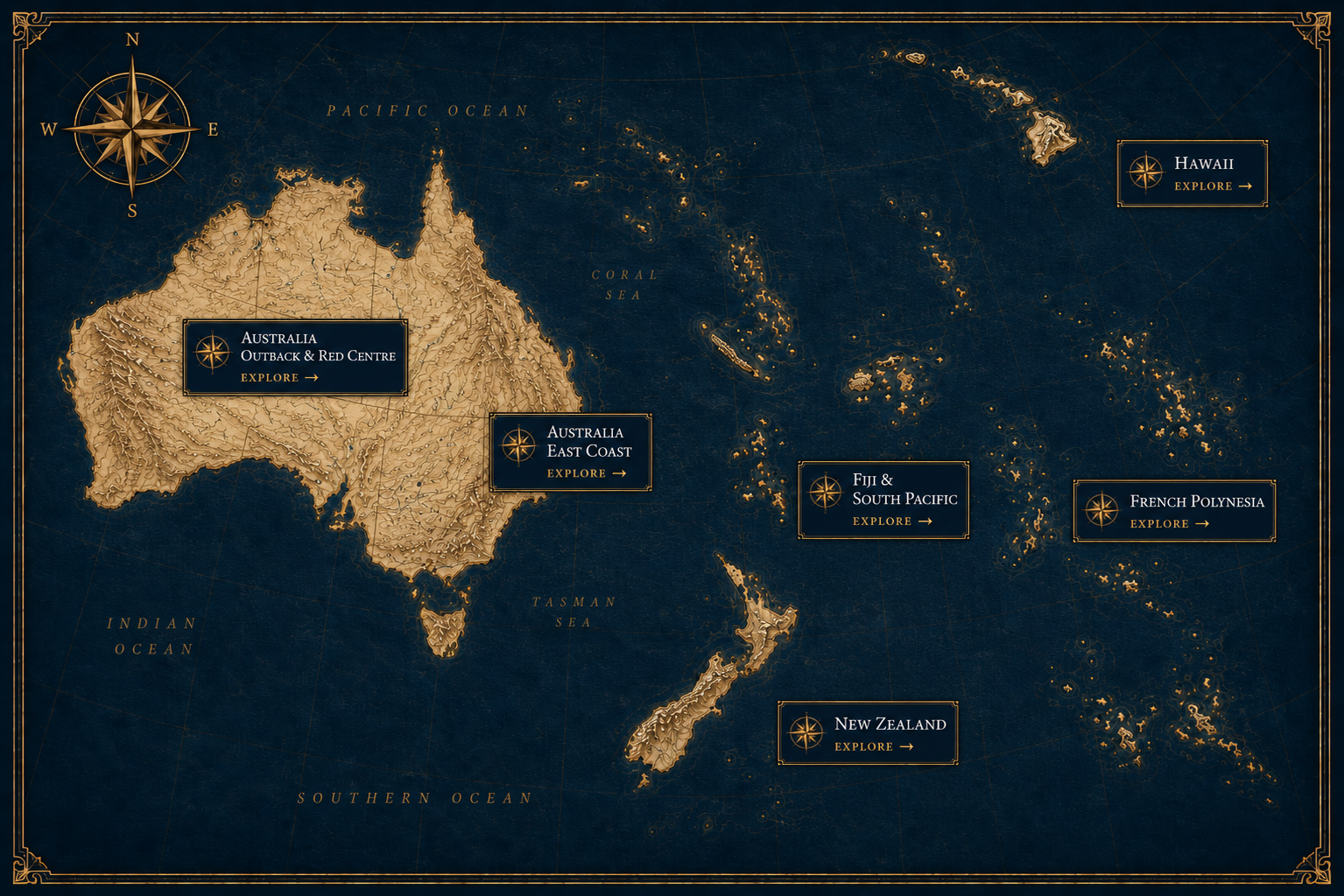 Australia and South Pacific map showing Australia Outback and Red Centre, Australia East Coast, Fiji and South Pacific, French Polynesia, New Zealand, and Hawaii