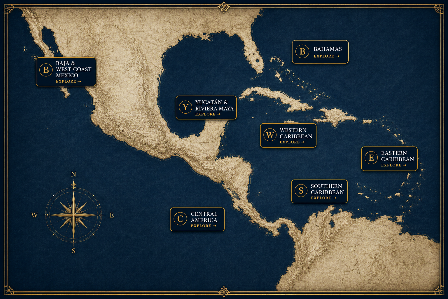 Mexico and Caribbean map showing Baja and West Coast Mexico, Yucatan and Riviera Maya, Bahamas, Western Caribbean, Eastern Caribbean, Southern Caribbean, and Central America