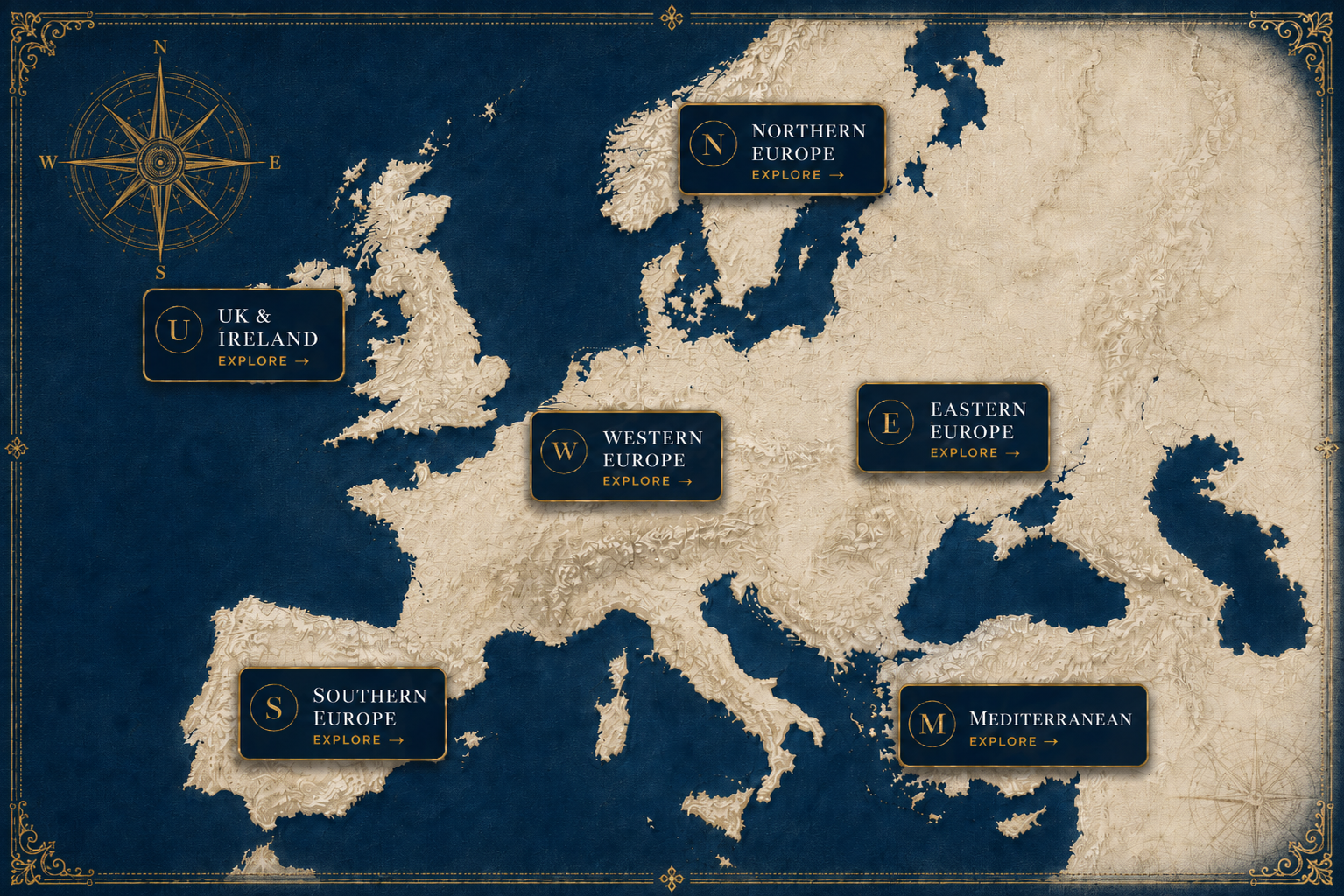 Europe map showing UK and Ireland, Northern Europe, Western Europe, Eastern Europe, Southern Europe, and Mediterranean