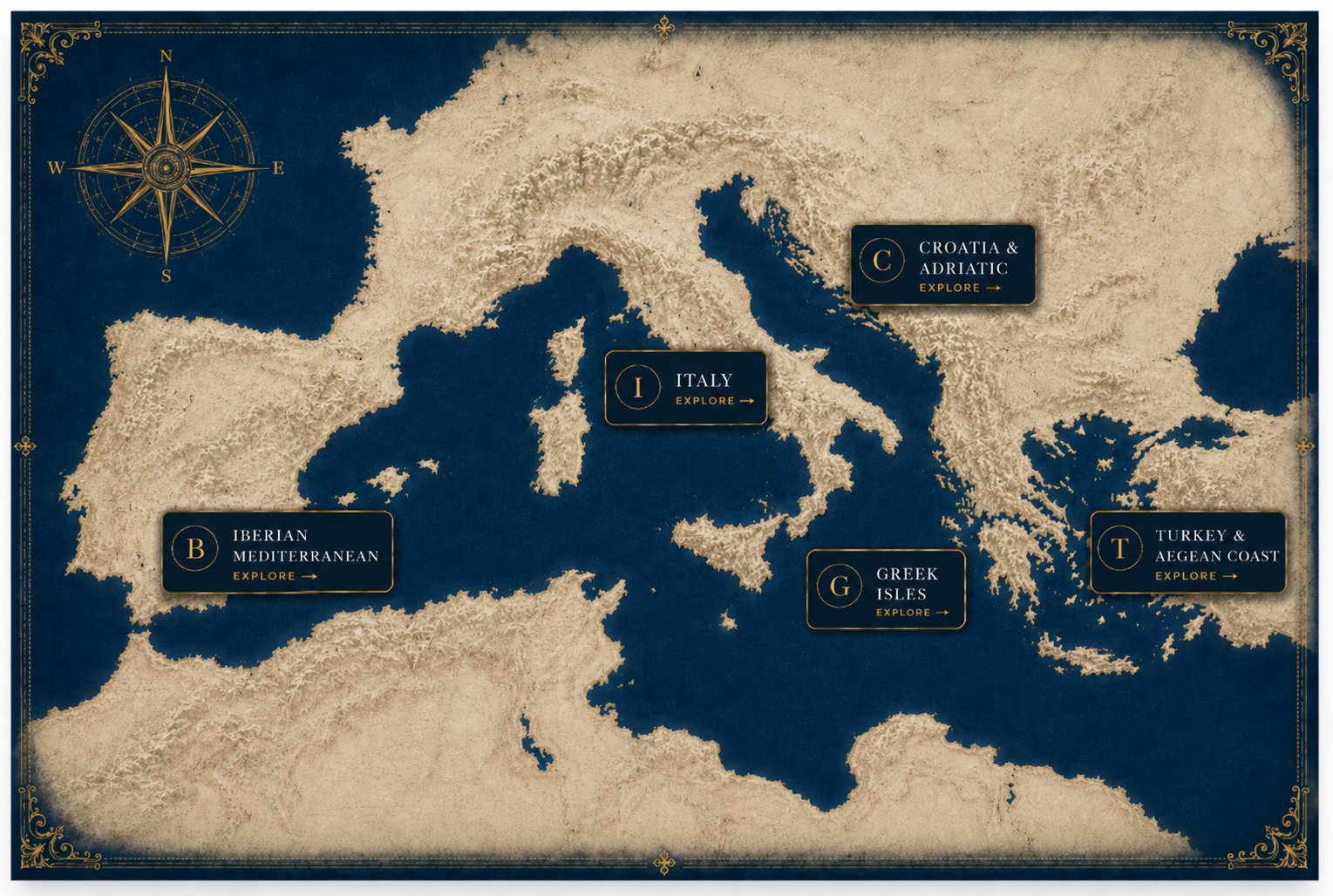 Mediterranean map showing Iberian Mediterranean, Italy, Croatia and Adriatic, Greek Isles, and Turkey and Aegean Coast