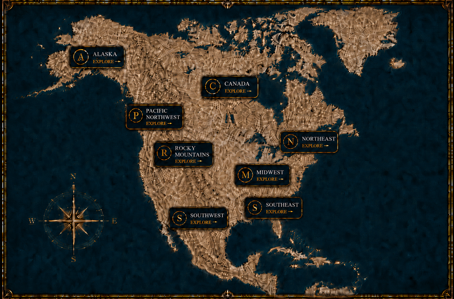 North America map showing Alaska, Canada, Pacific Northwest, Rockies, Southwest, Midwest, Southeast, and Northeast