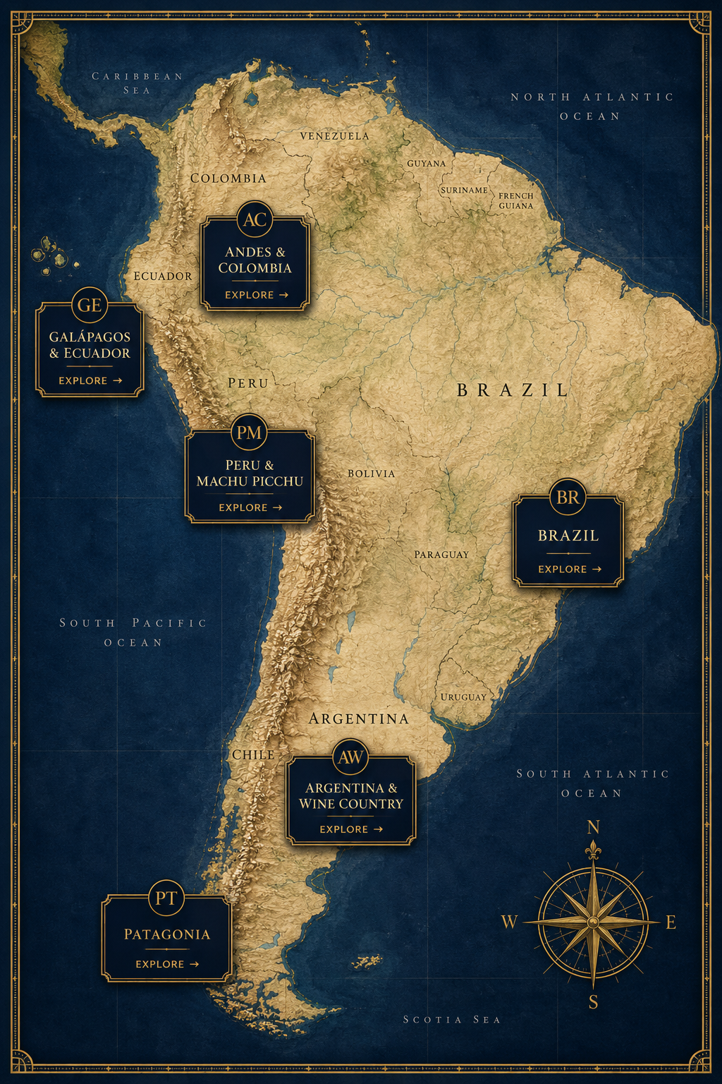 South America map showing Galapagos and Ecuador, Andes and Colombia, Peru and Machu Picchu, Brazil, Argentina and Wine Country, and Patagonia